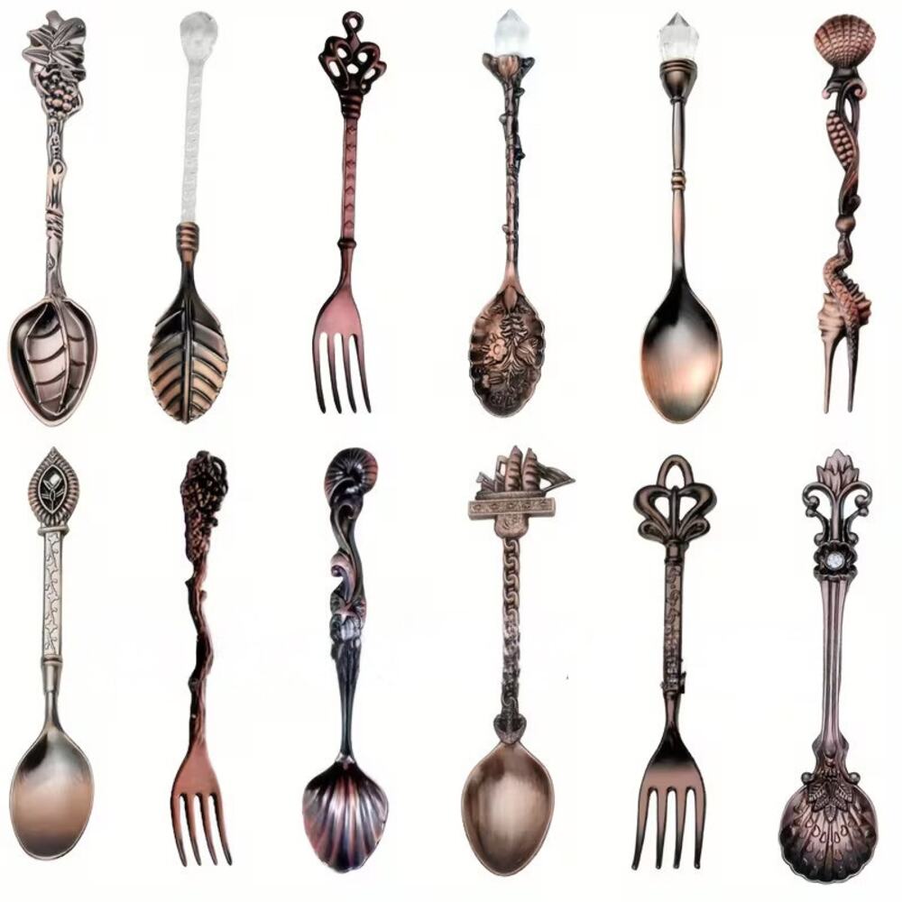 12Pcs Vintage Style Copper Mini Spoons & Forks Set – For Coffee, Dessert, Tea